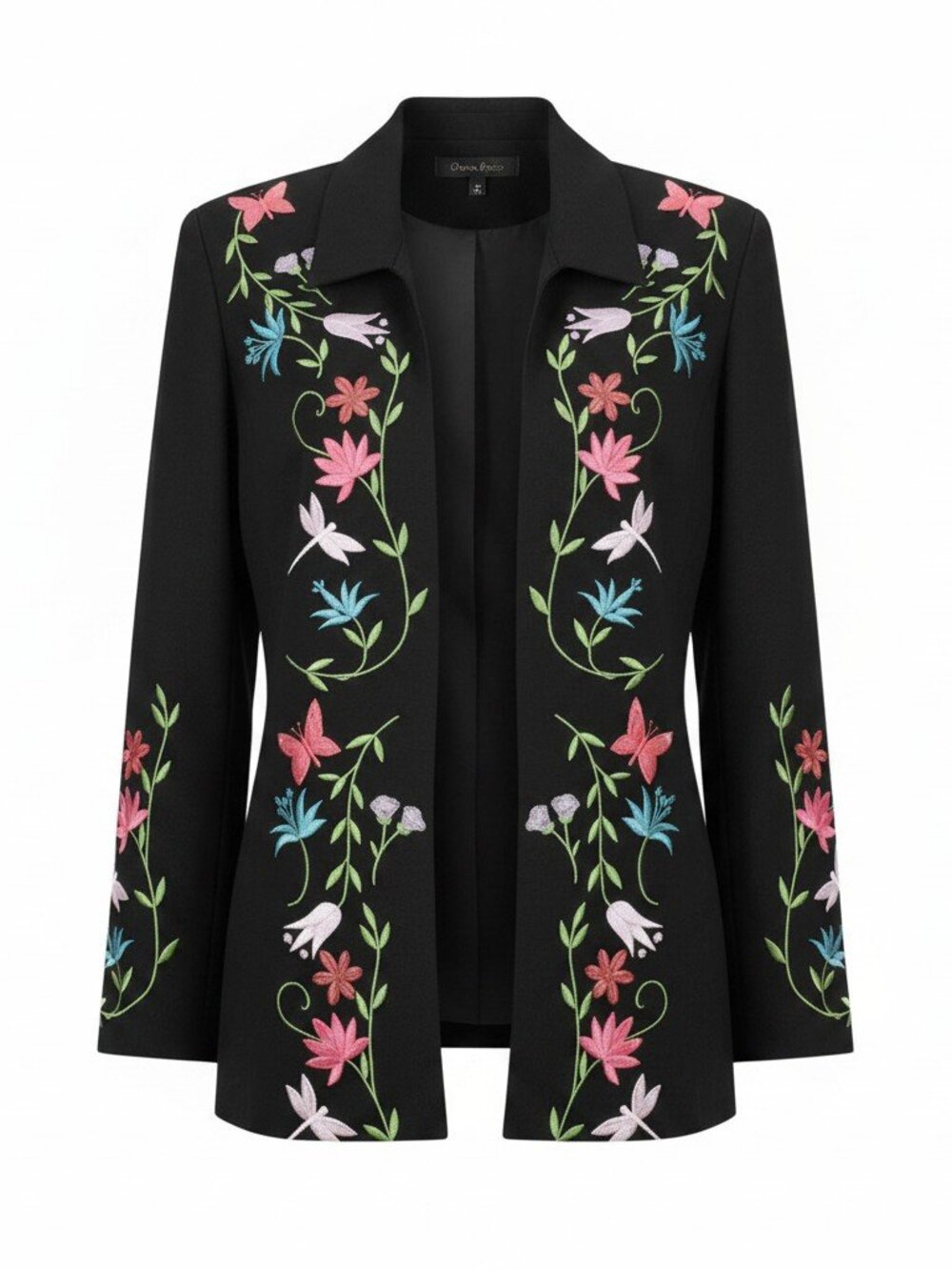 Pursuits Ltd Black 100% Linen Embroidered Long Sleeve Open Jacket